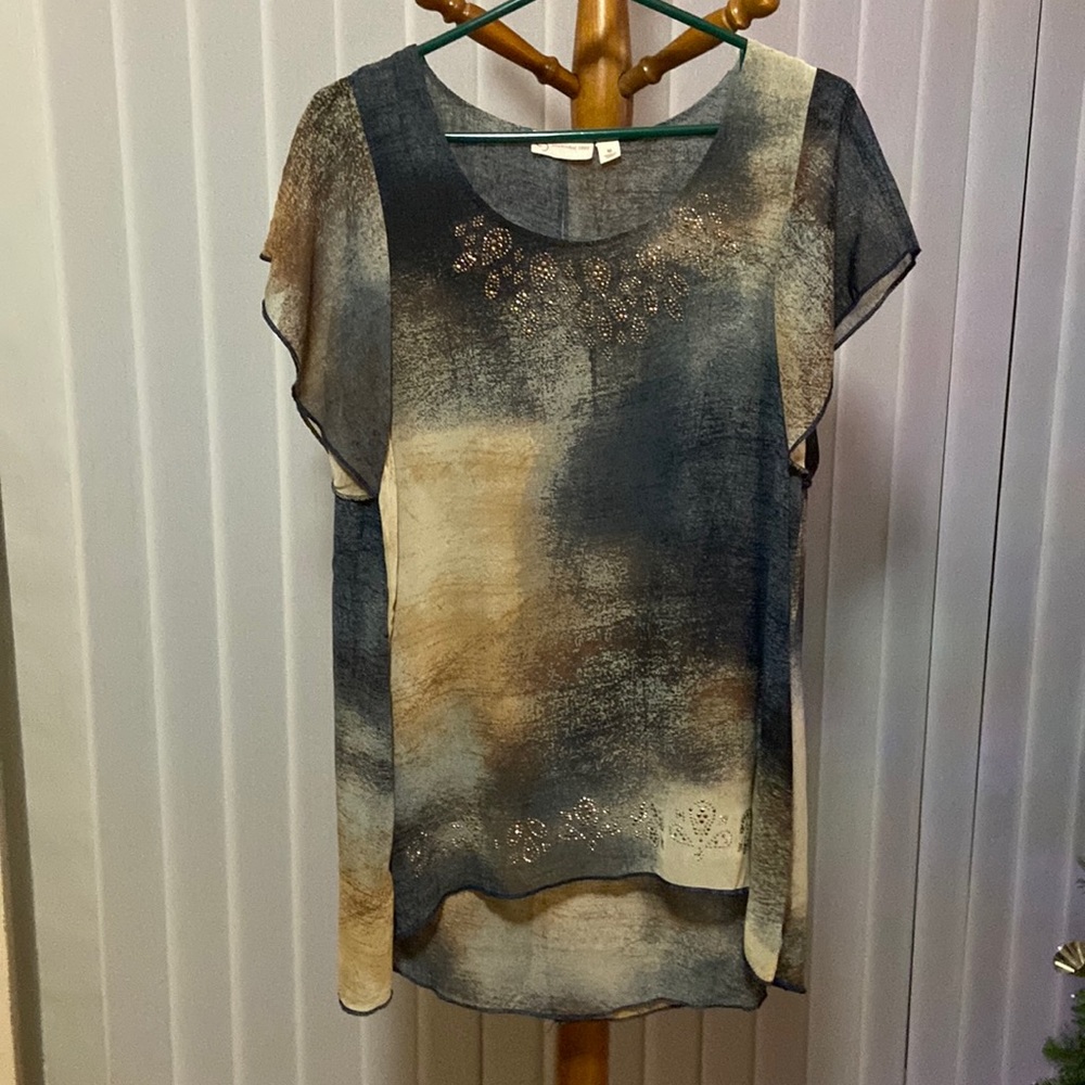 Women’s Blouse - Polyester- Build in Tank - Gray /Tan - Size Medium